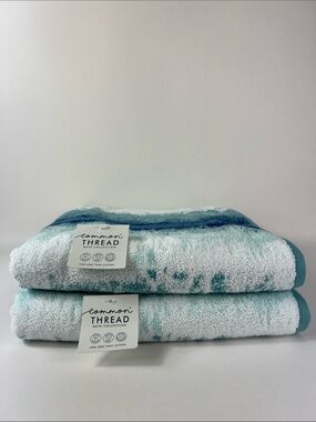 Common Thread Bath Towel Set Blue White Abstract Pattern 100% Cotton 2 pc NEW